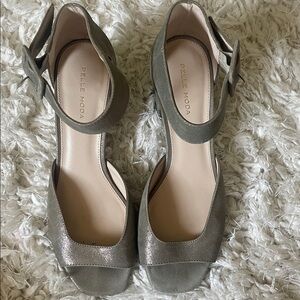 Pelle Moda Pewter Shimmer Suede Ankle-Strap Peep-Toe Heels